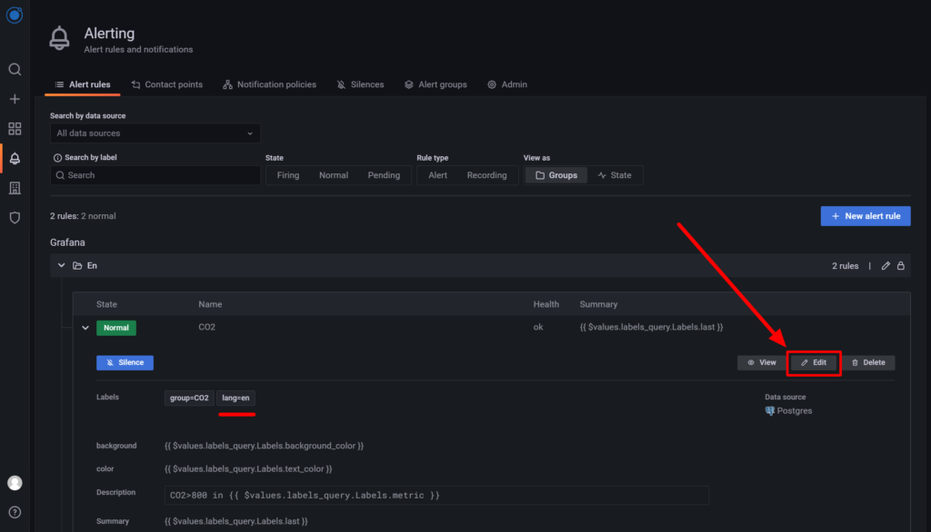 You should see “lang=en” in the labels, indicating the language of this alert rule is in English. To change it to be in French, click on the “Edit”