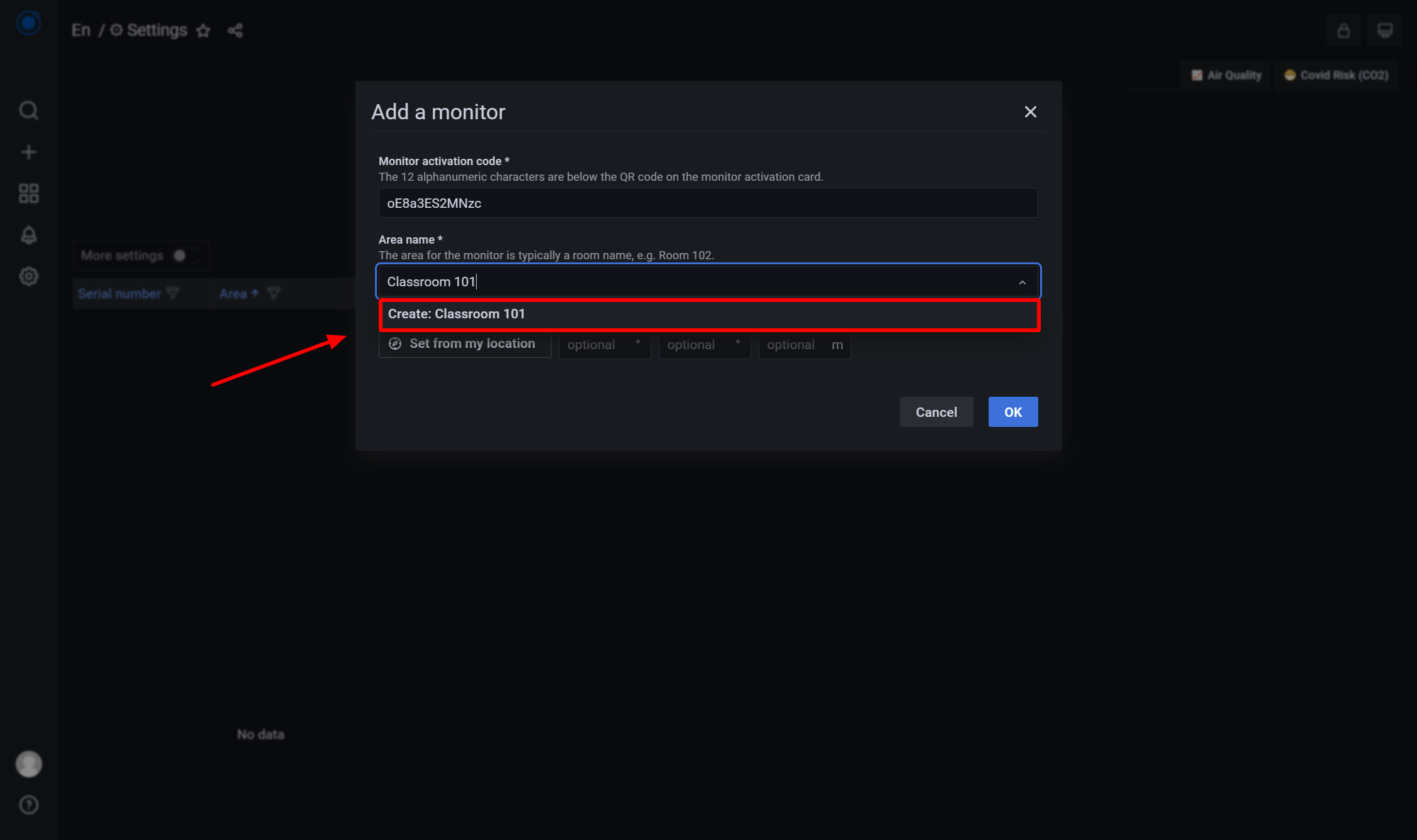 Click on “Create: [area name entered]”