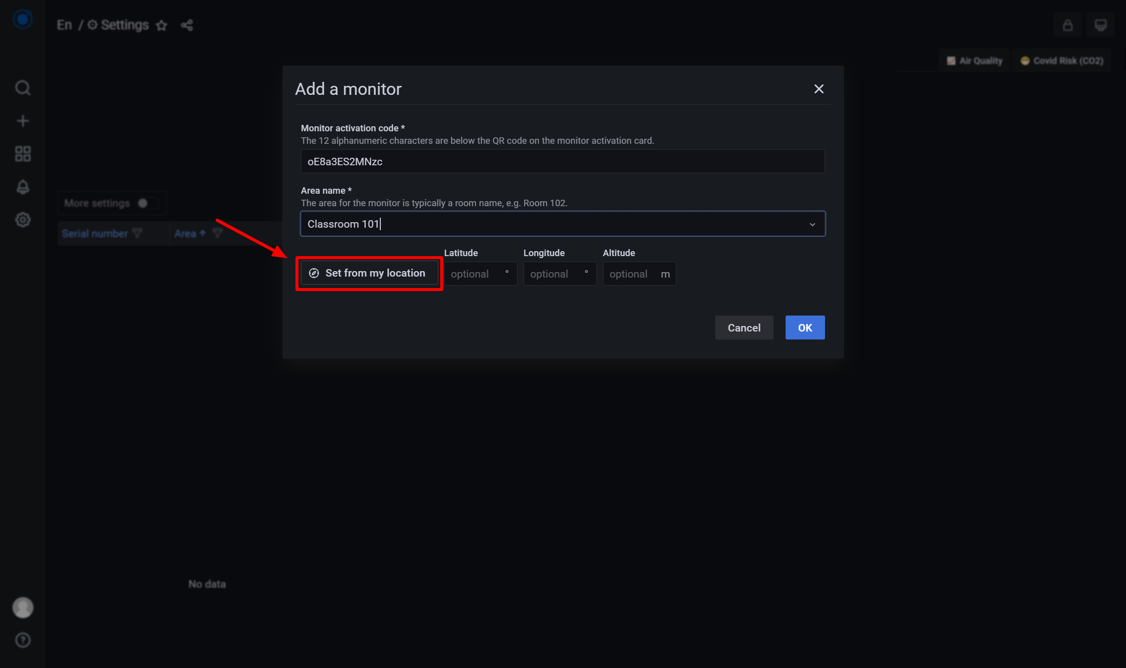 “Set from my location” on a computer is much less accurate than on smartphone. And it might not reflect the true location of the monitor when in use. Input the location coordinates manually if you really need them.