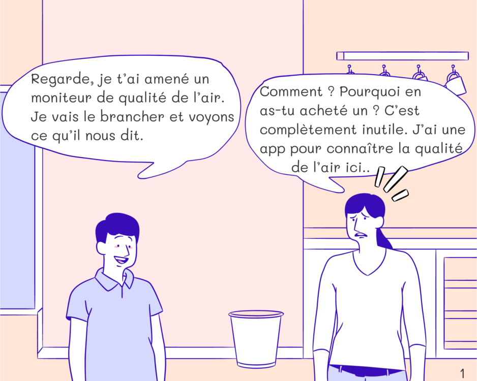 Tom: Regarde, je t’ai amené un moniteur de qualité de l’air. Je vais le brancher et voyons ce qu’il nous dit. Mom: Comment ? Pourquoi en as-tu acheté un ? C’est complètement inutile. J’ai une app pour connaître la qualité de l’air ici..