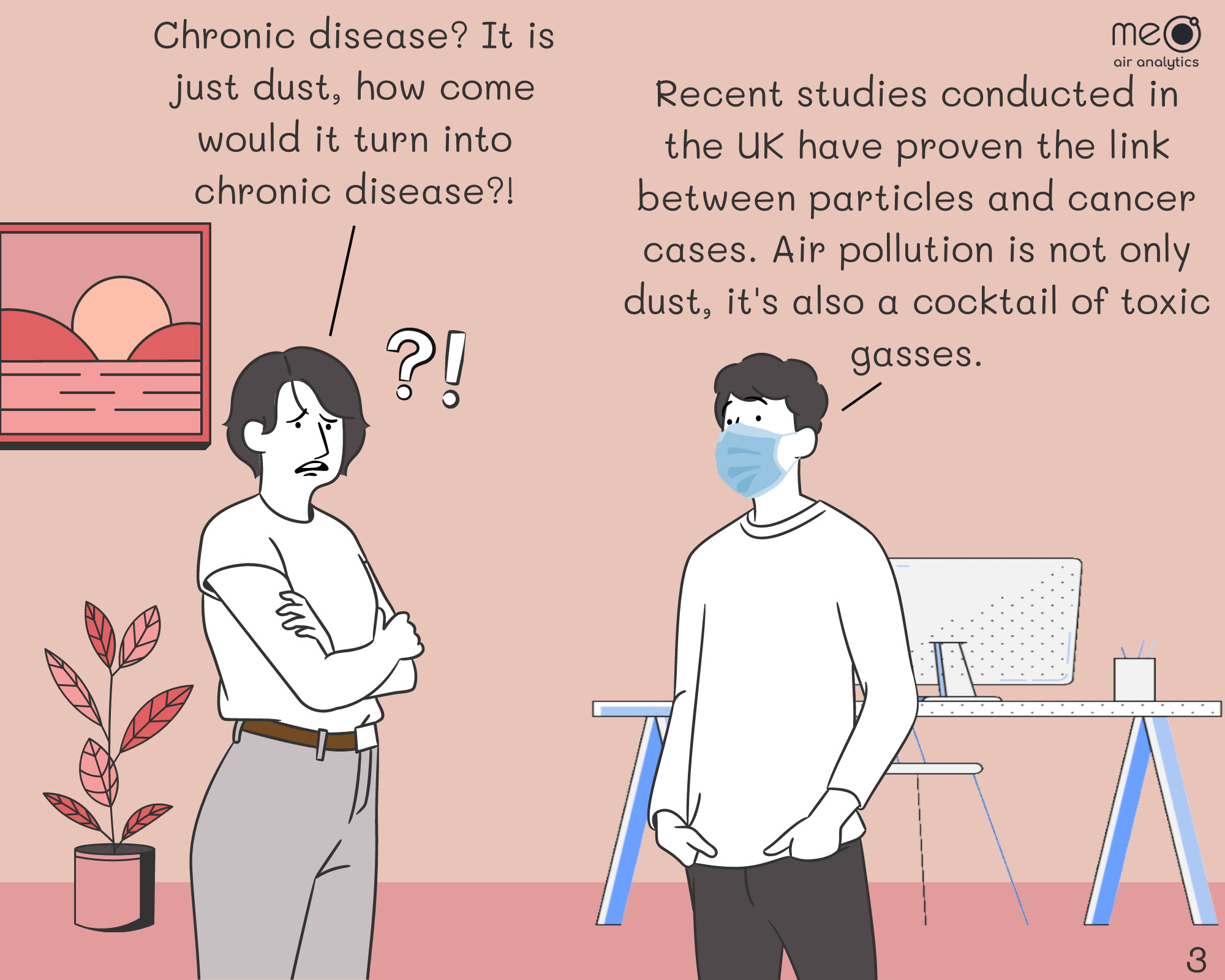 Joyce: Chronic disease? It is just dust, how come would it turn into chronic disease?! Tim: Recent studies conducted in the UK have proven the link between particles and cancer cases. Air pollution is not only dust, it's also a cocktail of toxic gasses.
