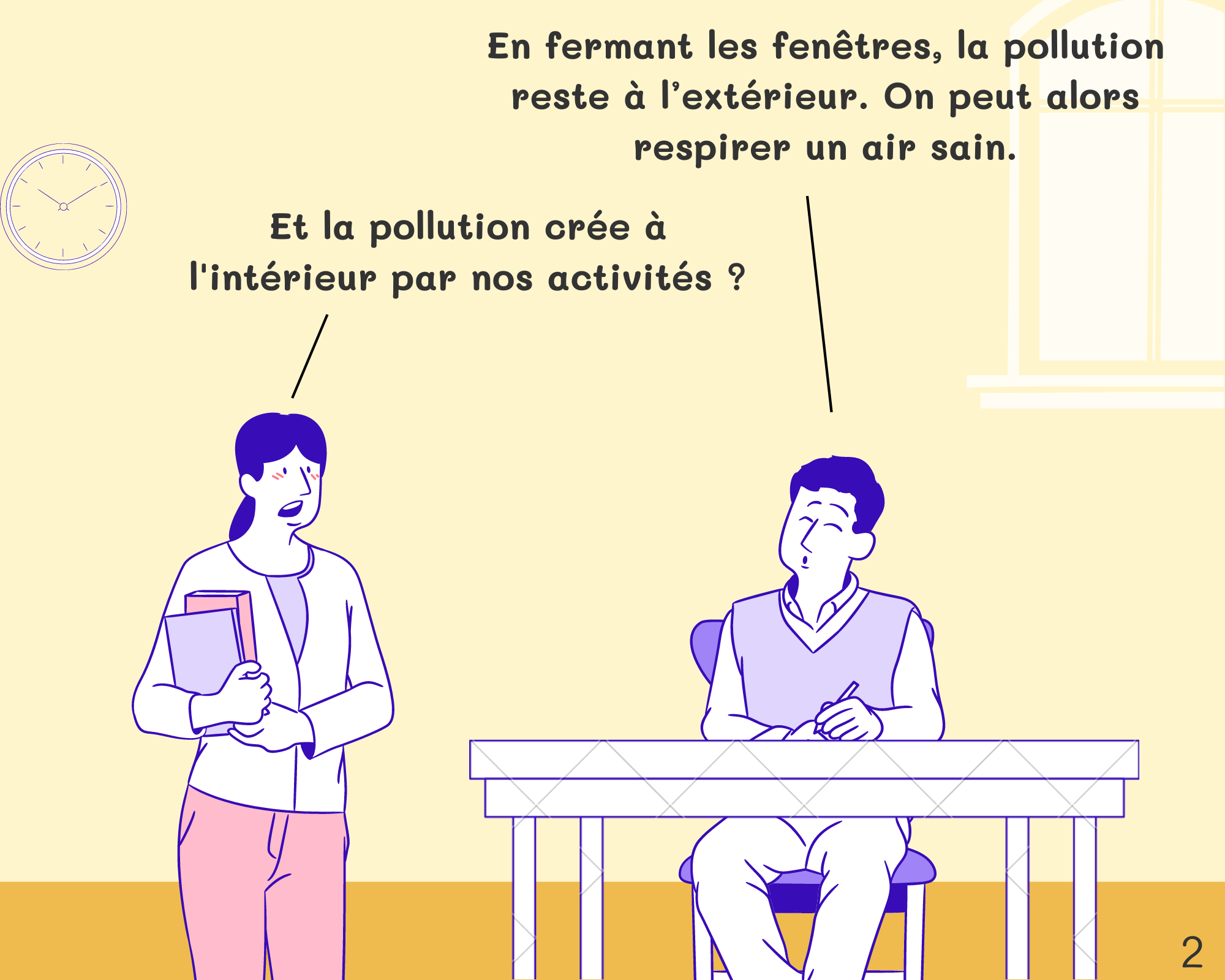 Student: En fermant les fenêtres, la pollution reste à l’extérieur. On peut alors respirer un air sain. Miss: Certaines pollutions extérieures sont visibles. Mais un certain nombre de gaz toxiques sont inhérents à nos habitudes à l'intérieur.