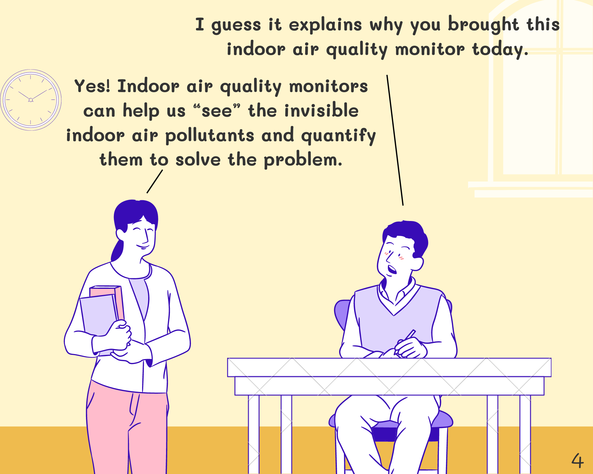 Student: Is that the reason why you brought this indoor air quality monitor today? Miss: Yes! Indoor air quality monitors can help us “see” the invisible indoor air pollutants and quantify them. Understanding the issue is the first step to solve a problem!