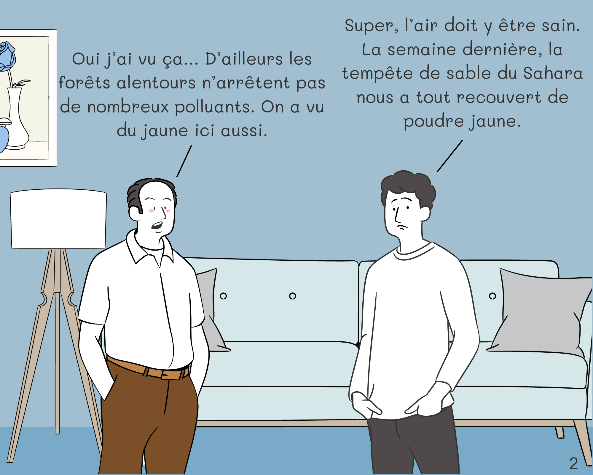 Chris: Super, l’air doit y être sain. La semaine dernière, la tempête de sable du Sahara nous a tout recouvert de poudre jaune.
Roger: Oui j’ai vu ça… D’ailleurs les forêts alentours n’arrêtent pas de nombreux polluants. On a vu du jaune ici aussi.