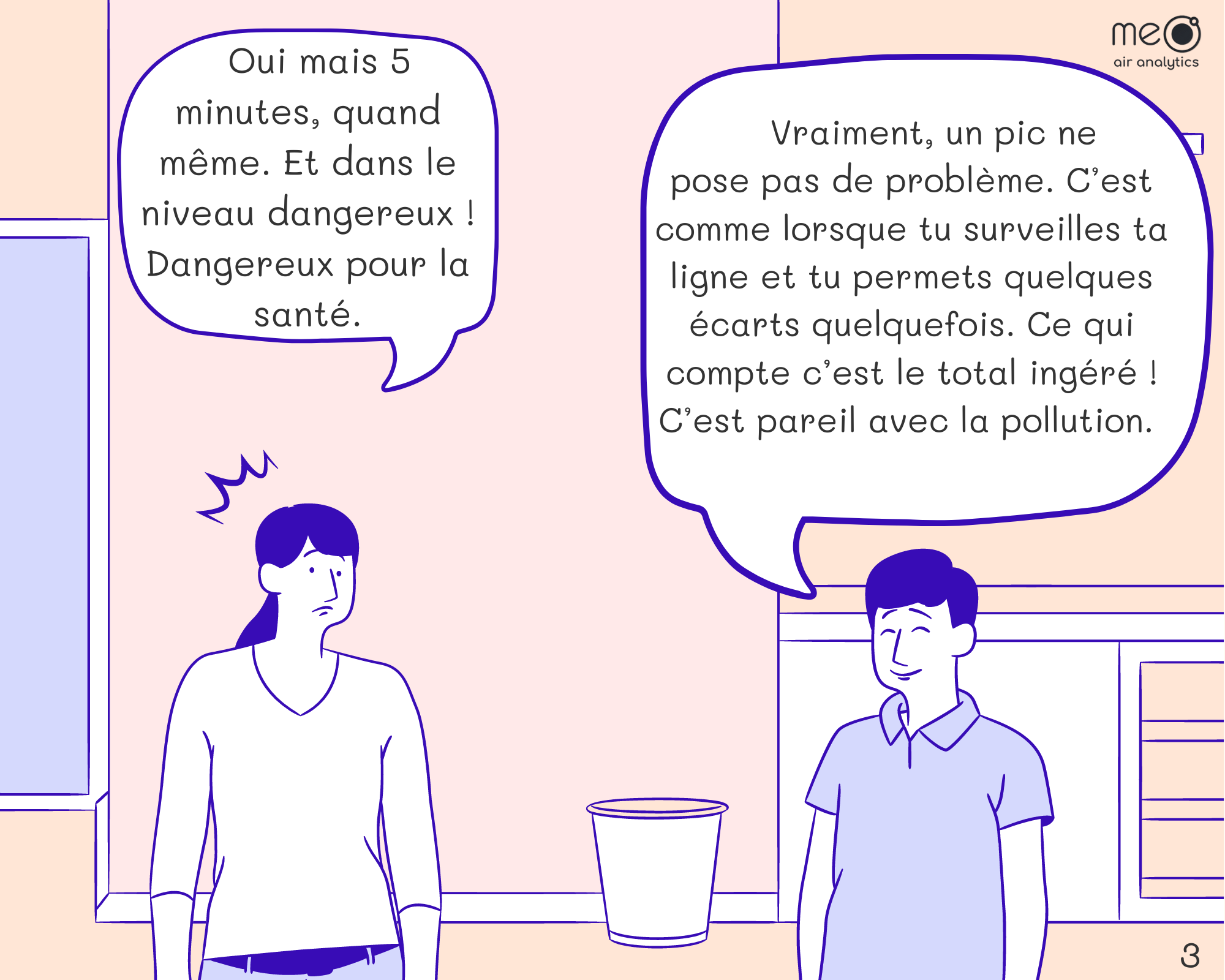 Tom: Oui mais 5 minutes, quand même. Et dans le niveau dangereux ! Dangereux pour la santé.
John: Vraiment, un pic ne pose pas de problème. C’est comme lorsque tu surveilles ta ligne et tu permets quelques écarts quelquefois. Ce qui compte c’est le total dans le temps ! C’est pareil avec la pollution. C’est le temps d’exposition qui compte.