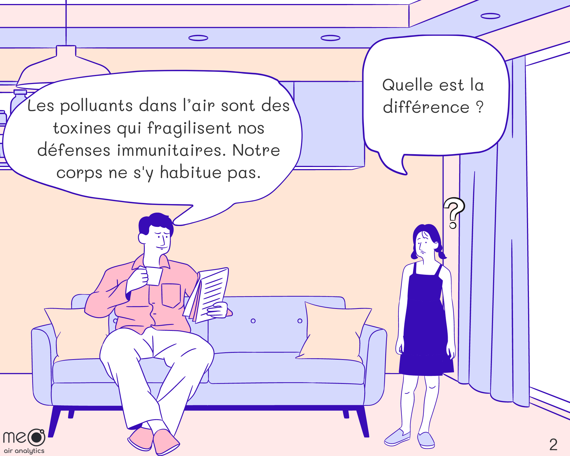 Kid: Quelle est la différence ?
Dad: Les polluants dans l’air sont des toxines qui fragilisent nos défenses immunitaires. Mais ça ne modifie pas nos cellules.