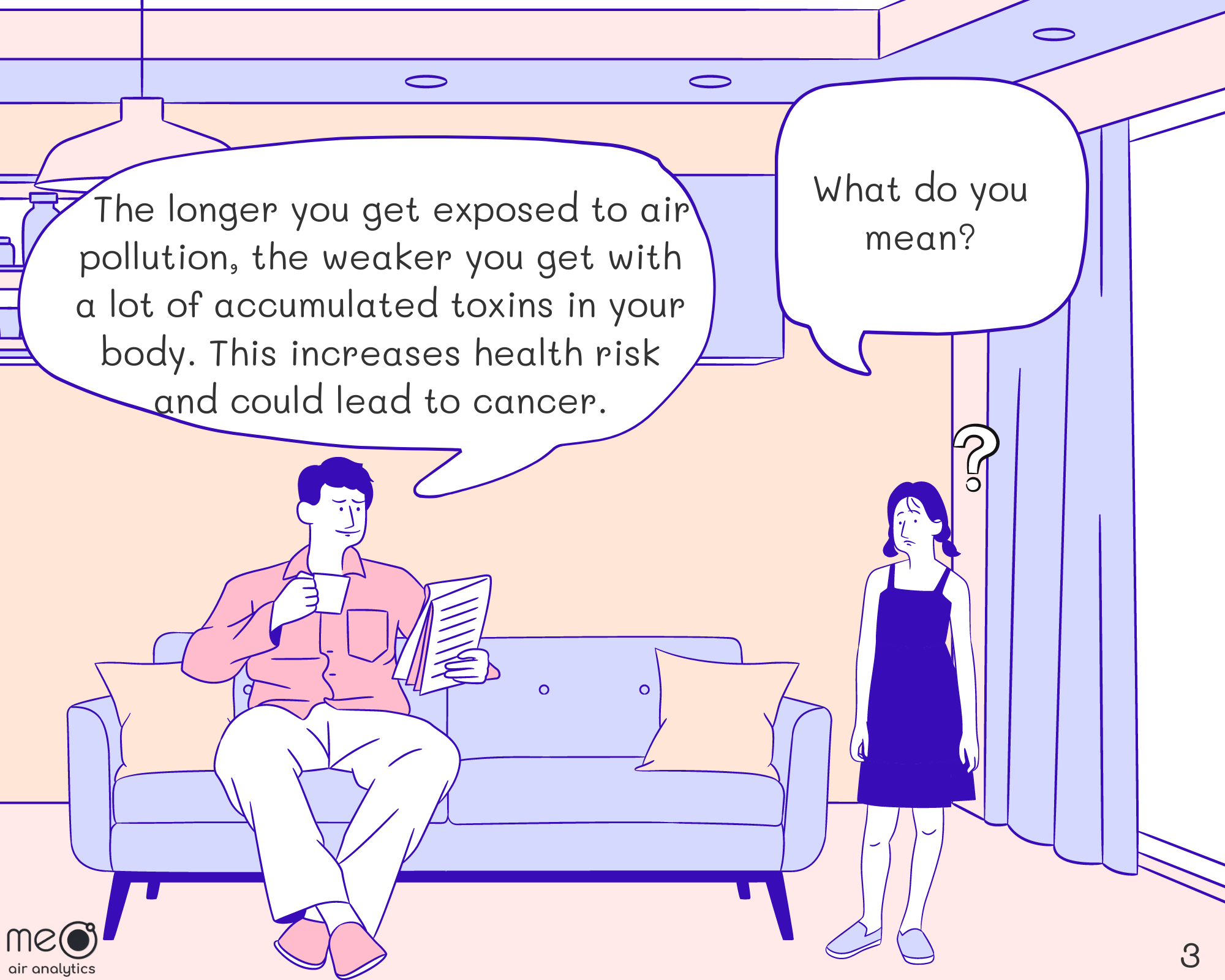 Kid: What do you mean?
Dad: The longer you get exposed to air pollution, the weaker you get with a lot of accumulated toxins in your body. This increases the risk and could lead to cancer.