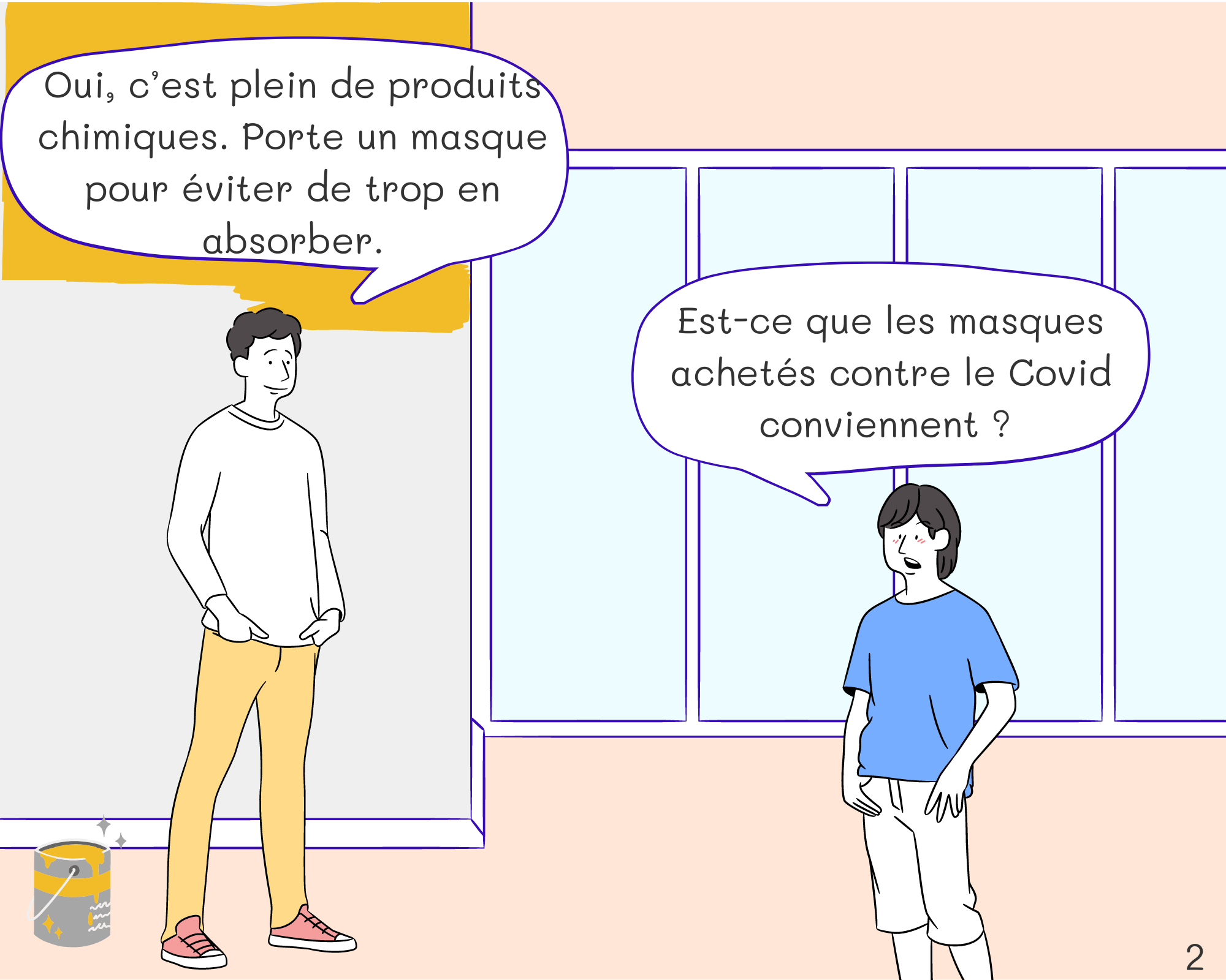 Dad: Oui, c’est plein de produits chimiques. Porte un masque pour éviter de trop en absorber.
Philip: Est-ce que les masques achetés pendant le Covid conviennent ? 