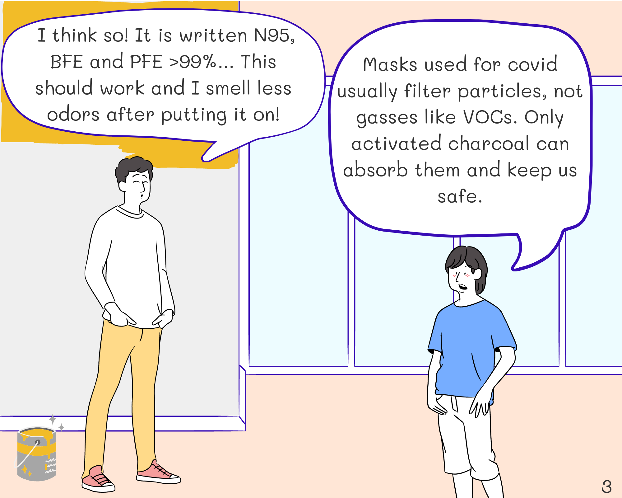 Dad: I think so! It is written N95, BFE and PFE >99%... This should work and I feel less smell after putting it on!
Philip: Masks used for covid usually filter particles like PM10. VOCs from paints are gases. We need the ones with activated charcoal to absorb the VOCs and keep us safe.