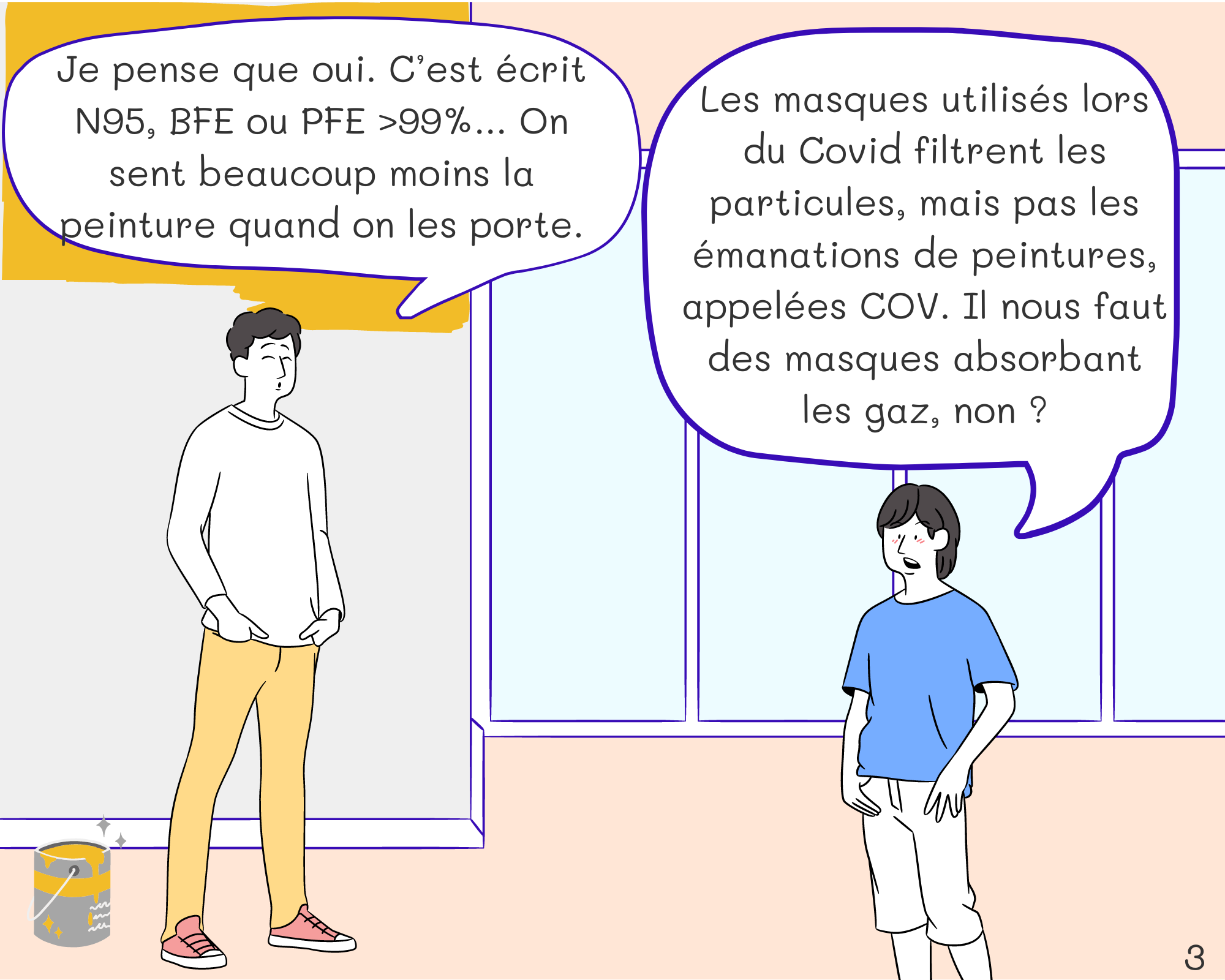 Dad: Je pense que oui. C’est écrit N95, BFE ou PFE >99%... On sent beaucoup moins la peinture quand on les porte.
Philip: Les masques utilisés lors du Covid filtrent les particules type PM10, pas les émanations de peintures, appelées COV. Il nous faut des masques absorbant les gaz, non ?