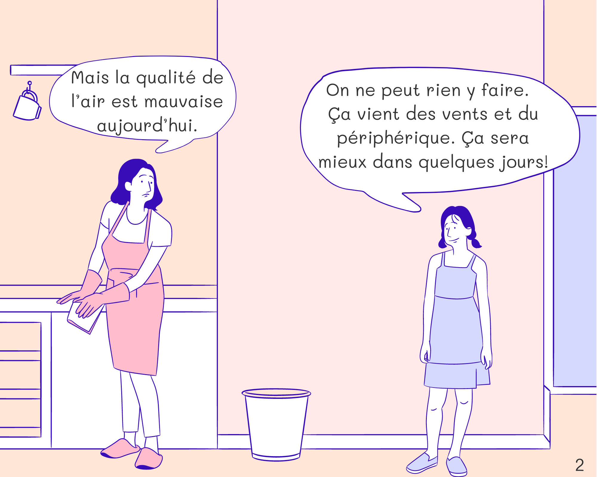 Mom: Mais la qualité de l’air est mauvaise aujourd’hui.
Sandra: On ne peut rien y faire. Ça vient des vents et du périphérique. Ça sera mieux dans quelques jours!