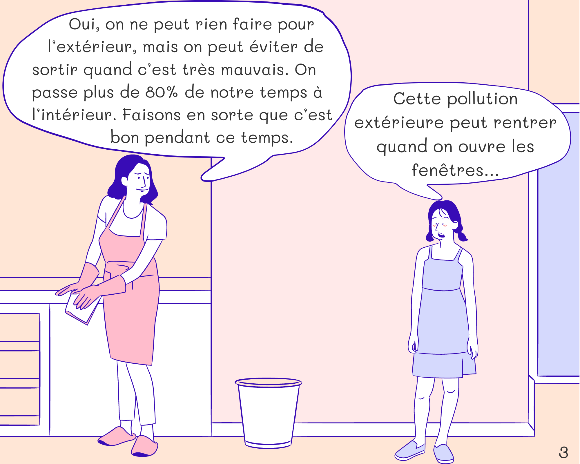 Mom: Oui, on ne peut rien faire pour l’extérieur, mais on peut éviter de sortir quand c’est très mauvais. On passe plus de 80% de notre temps à l’intérieur. Faisons en sorte que c’est bon pendant ce temps.
Sandra: Cette pollution extérieure peut rentrer quand on ouvre les fenêtres…