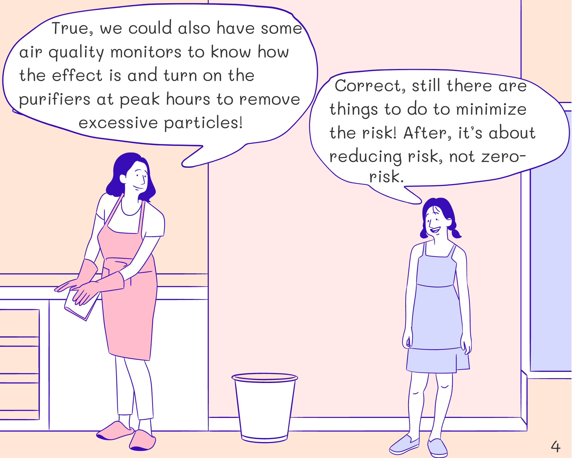 Mom: True, we could also have some air quality monitors to know how the effect is and turn on the purifiers at peak hours to remove excessive particles!
Joe: Correct, still there are things to do to minimize the risk! After, it’s about reducing risk, not zero-risk.