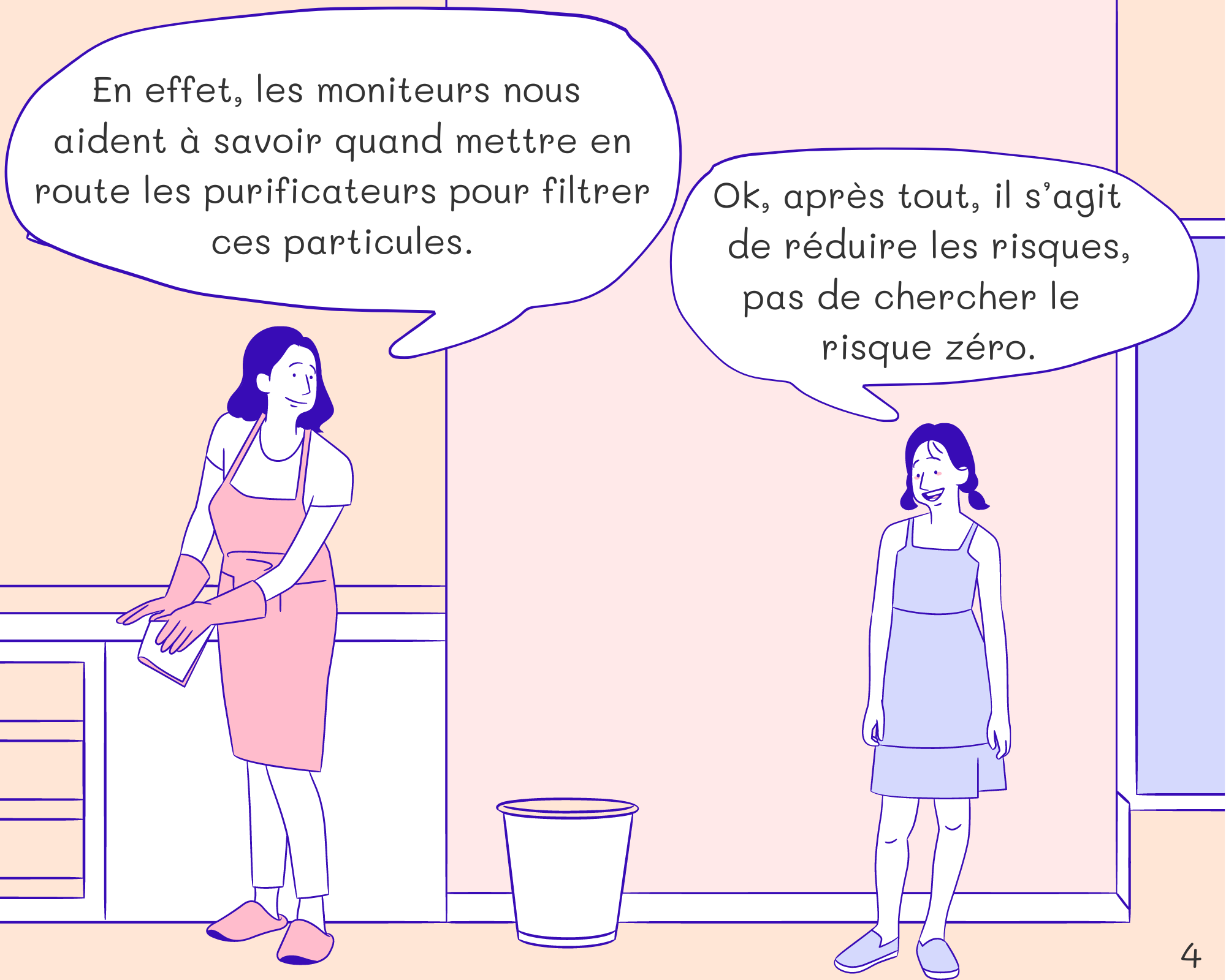 Mom: En effet, les moniteurs nous aident à savoir quand mettre en route les purificateurs pour filtrer ces particules.
Sandra: Ok, après tout, il s’agit de réduire les risques, pas de chercher le risque zéro.