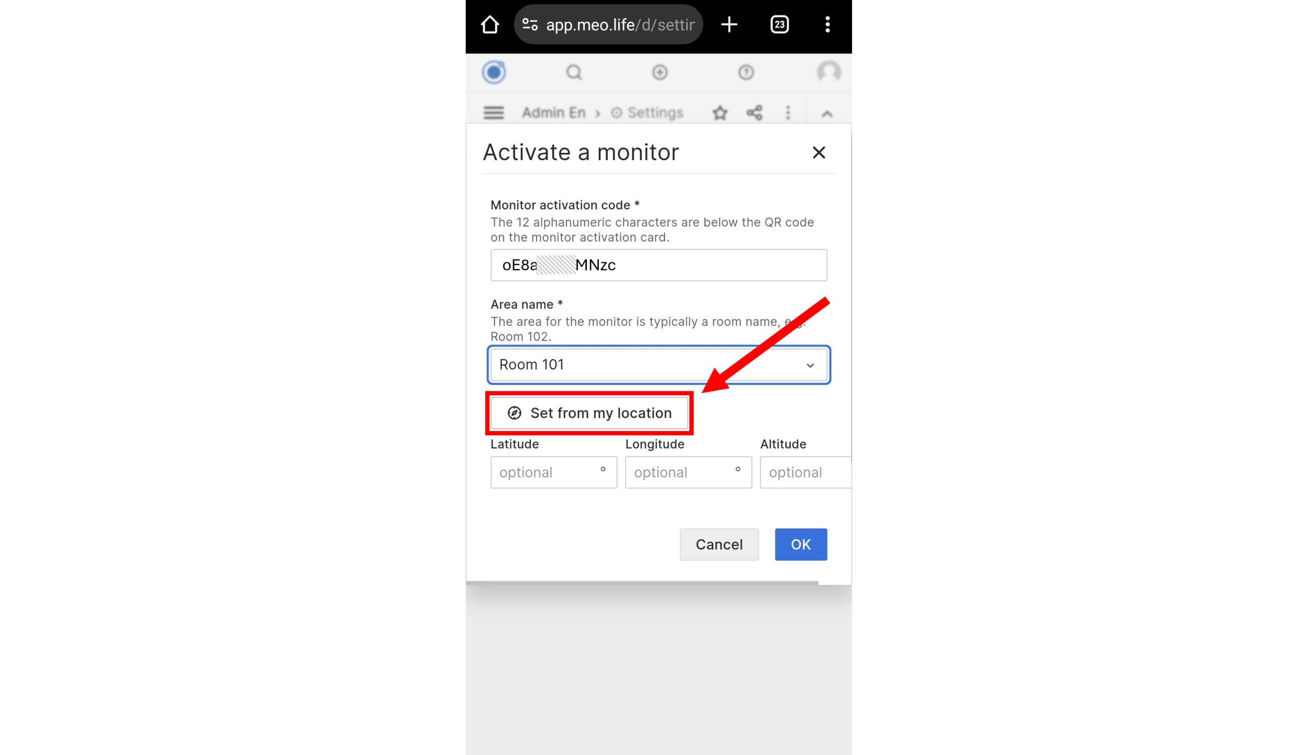 10. Optional: Click on “Set from my location” if you want to set your current smartphone location for this monitor