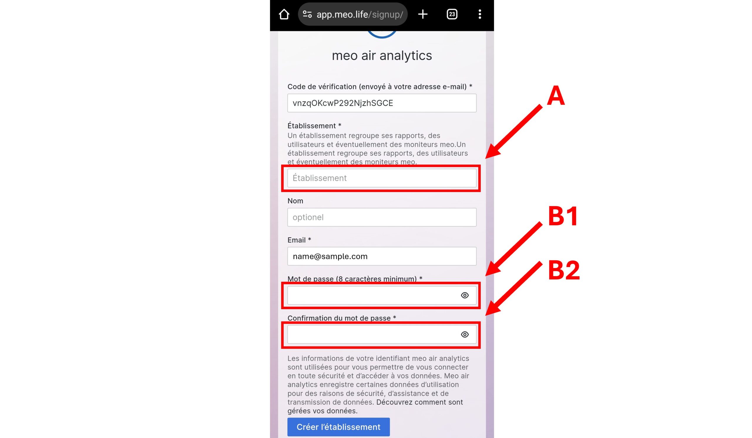 5. Saisir les champs de la page de création de l’organisation (A, B1, and B2)