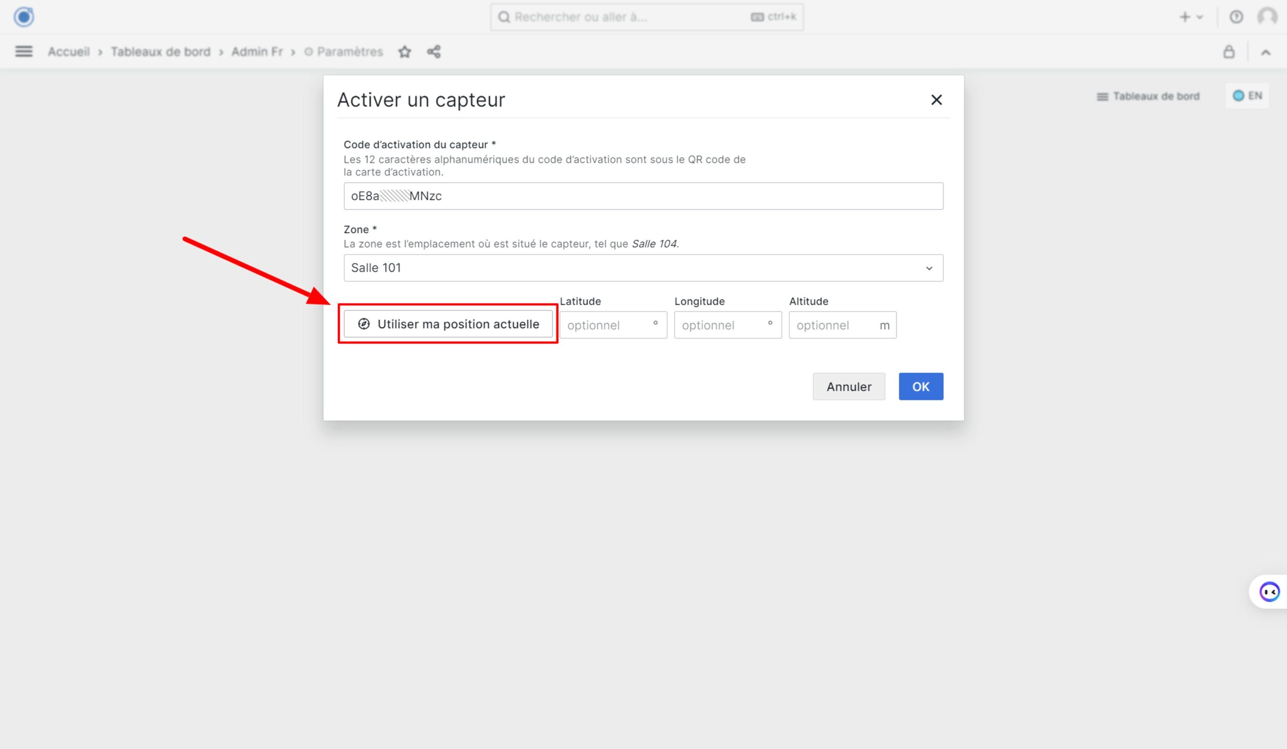 9. Optionnel : Cliquer sur “Utiliser ma position actuelle” si vous souhaitez enregistrer la position actuelle de votre téléphone, comme position de ce moniteur